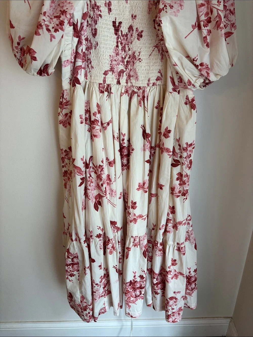 Abercrombie Emerson poplin Floral Puff-Sleeve Midi Dress Cream Rose Women LG EUC - Picture 12 of 12